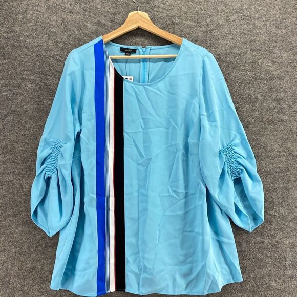 New Alfani Blouse Women 1X Plus Blue Striped Zipper 3/4 Sleeve Round Neck Casual - Picture 3 of 10